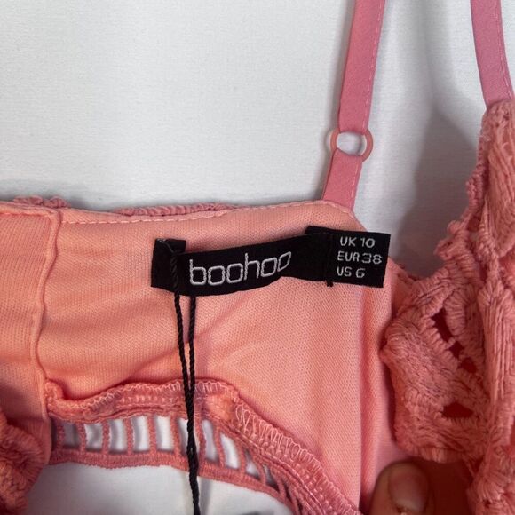 Boohoo NWT Pink Embroidered Floral Lace Cutout‎ Midi Bodycon Dress Size 6 - Picture 10 of 14